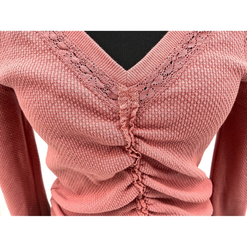 NWT Free People Rose Smoke Thermal Knit Ruched V Neck Long Sleeve Top XS - Picture 4 of 8